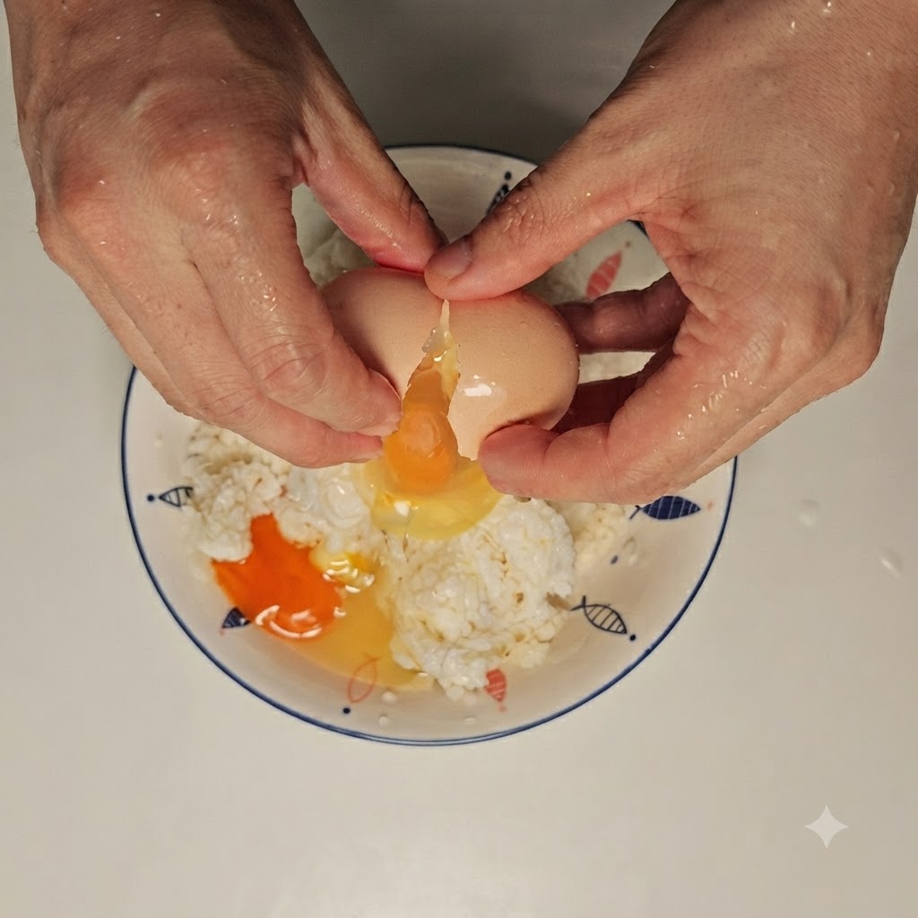 Ein rohes Ei wird in eine Schüssel mit weißen Brötchenkrümeln aufgeschlagen.