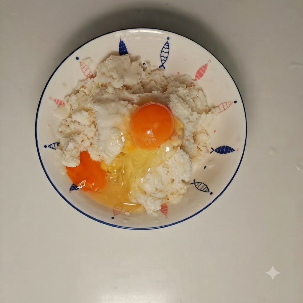 Brötchenkrümel und ein aufgeschlagenes Ei vor dem Vermengen in einer weißen Schüssel.