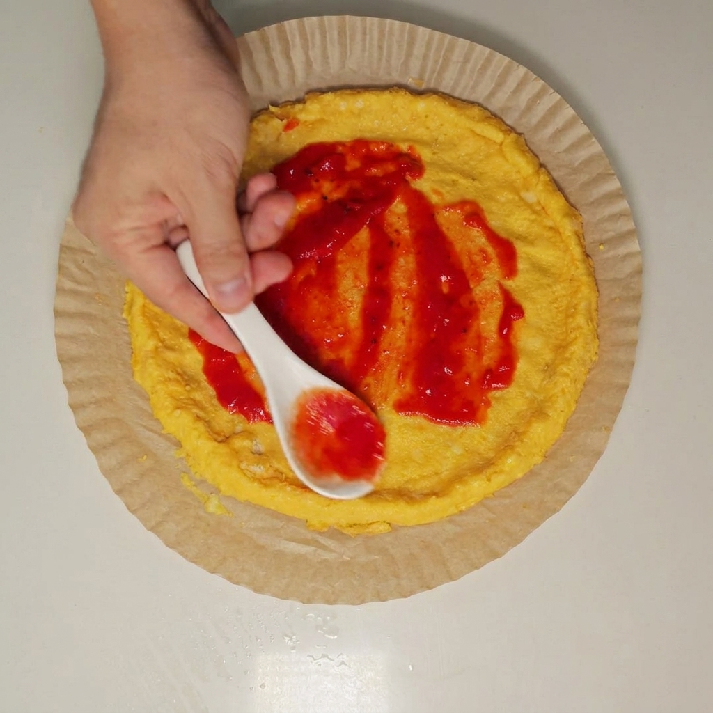Ein Löffel verteilt leuchtend rote Tomatensoße gleichmäßig auf einem runden Pizzateigboden.