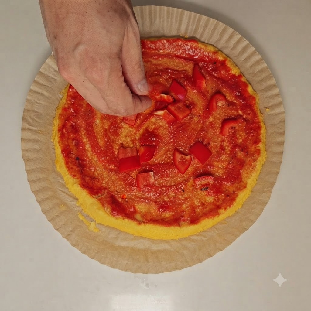 Eine Person streut geriebenen Käse über gewürfelte Paprika auf einer roten Pizzasoßenbasis.