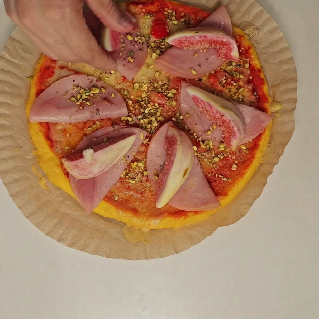 Eine Person legt frische Feigenscheiben und Feigenspalten über die Schinkenscheiben auf der Pizza.