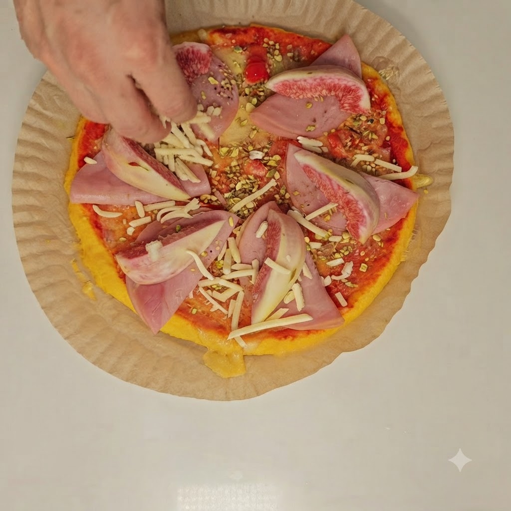 Eine Hand fügt vor dem finalen Backen eine letzte Schicht geriebenen Käse über den Feigen und dem Schinken hinzu.