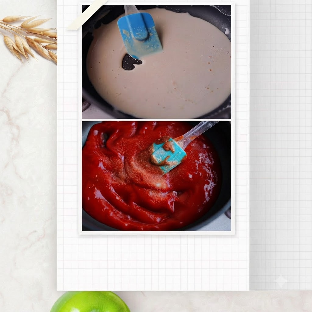 Ein blauer Spatel mischt und rührt eine reichhaltige, dunkelrote Tomatensauce, die in einer Pfanne blbert.