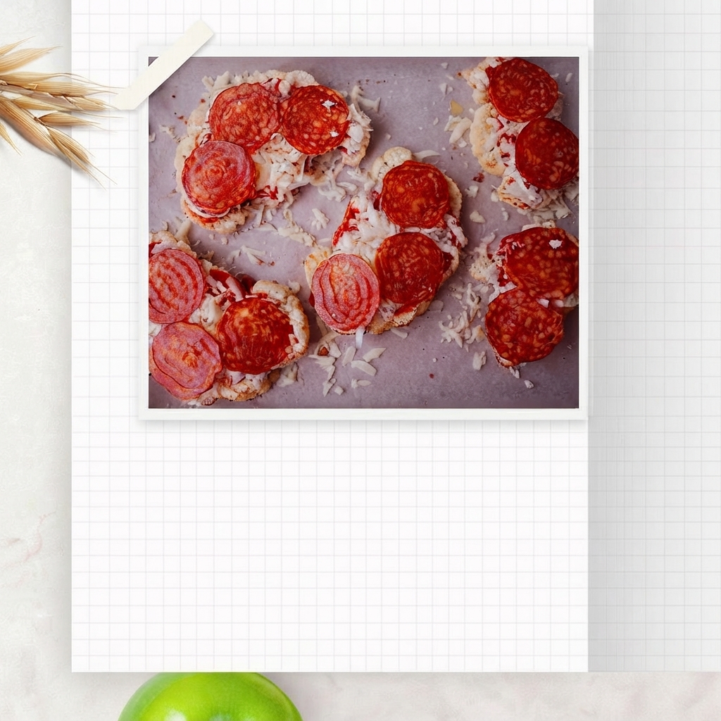 Ansicht von oben auf vorbereitete Blumenkohlscheiben, bedeckt mit Tomatensauce, geschmolzenem Käse und Pepperoni-Scheiben auf Backpapier.