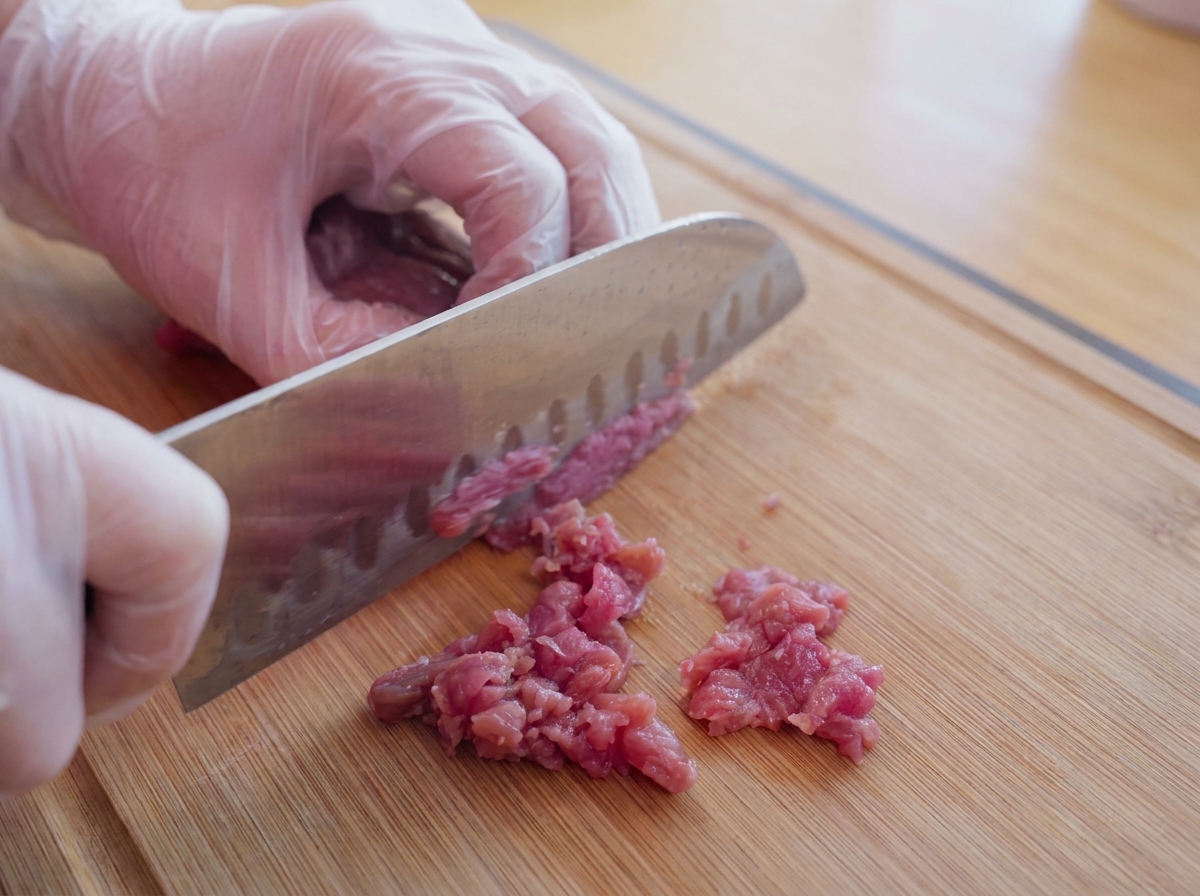 Eine behandschuhte Hand hält ein Messer, um rohes Rindfleisch auf einem Holzschneidebrett zu würfeln.