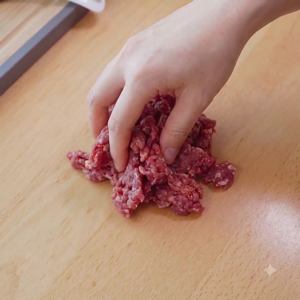 Eine Hand vermischt rohes, gewürfeltes Rindfleisch mit den Marinadenzutaten auf einem Holzschneidebrett.