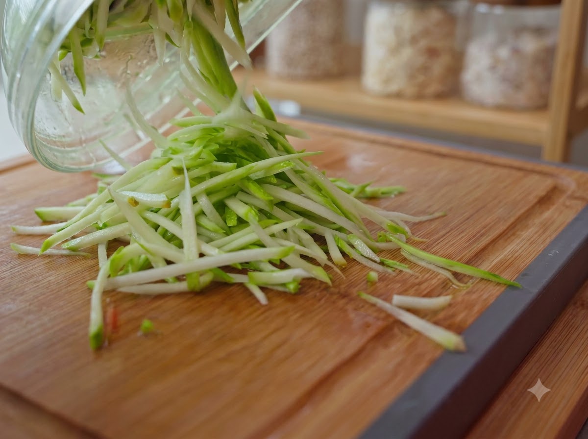 Frische Zucchini- und Karottenraspel gleiten von einer Glasschüssel auf ein Holzschneidebrettcite: 1.