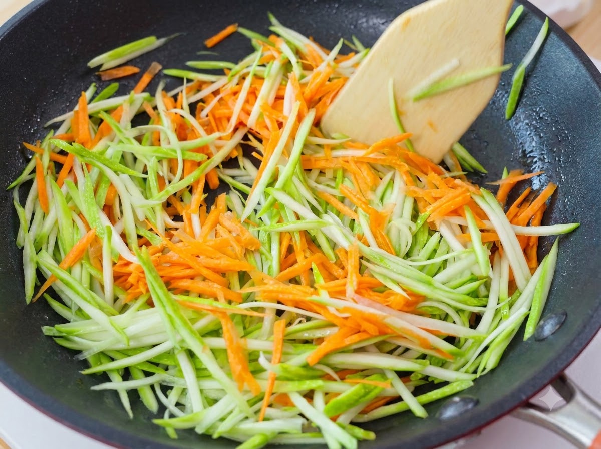 Grüne Zucchini-Streifen und orangefarbene Karottenstreifen werden mit einem Holzspatel in einer Pfanne angebraten.