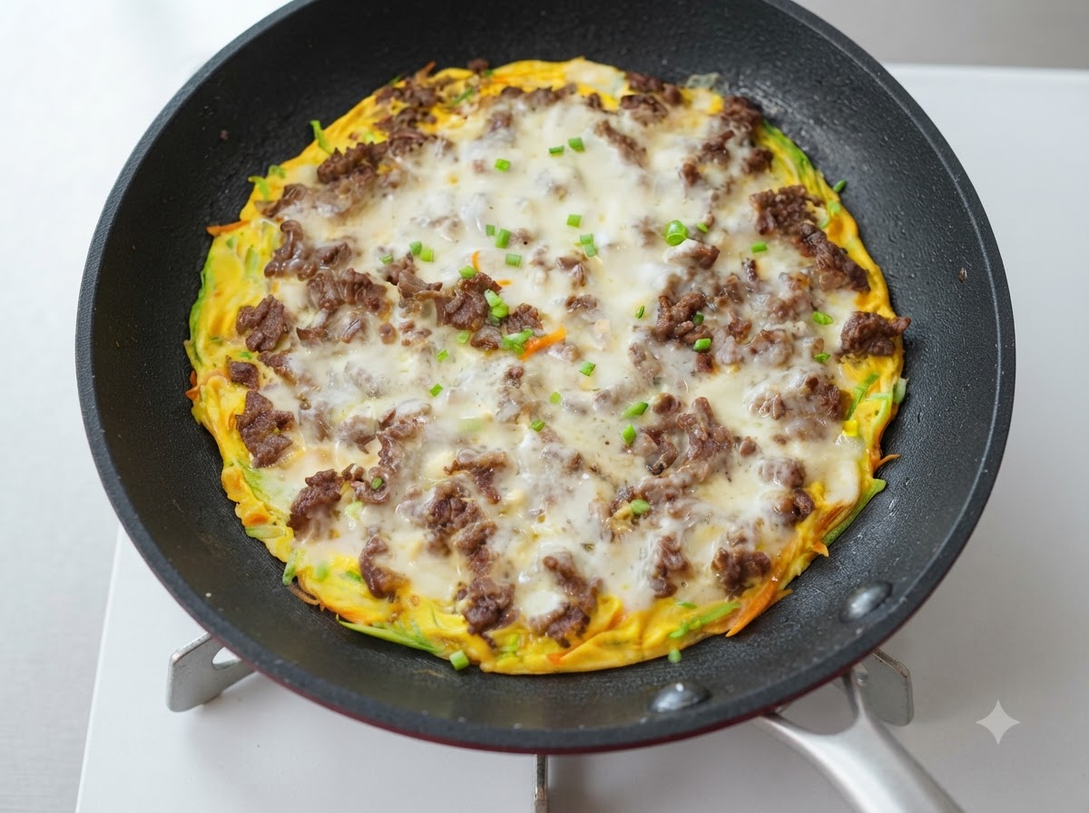 Ein vollständig gegarter Zucchini-Käse-Rinder-Taler in einer Pfanne, garniert mit geschmolzenem Käse und gehackten Frühlingszwiebeln.