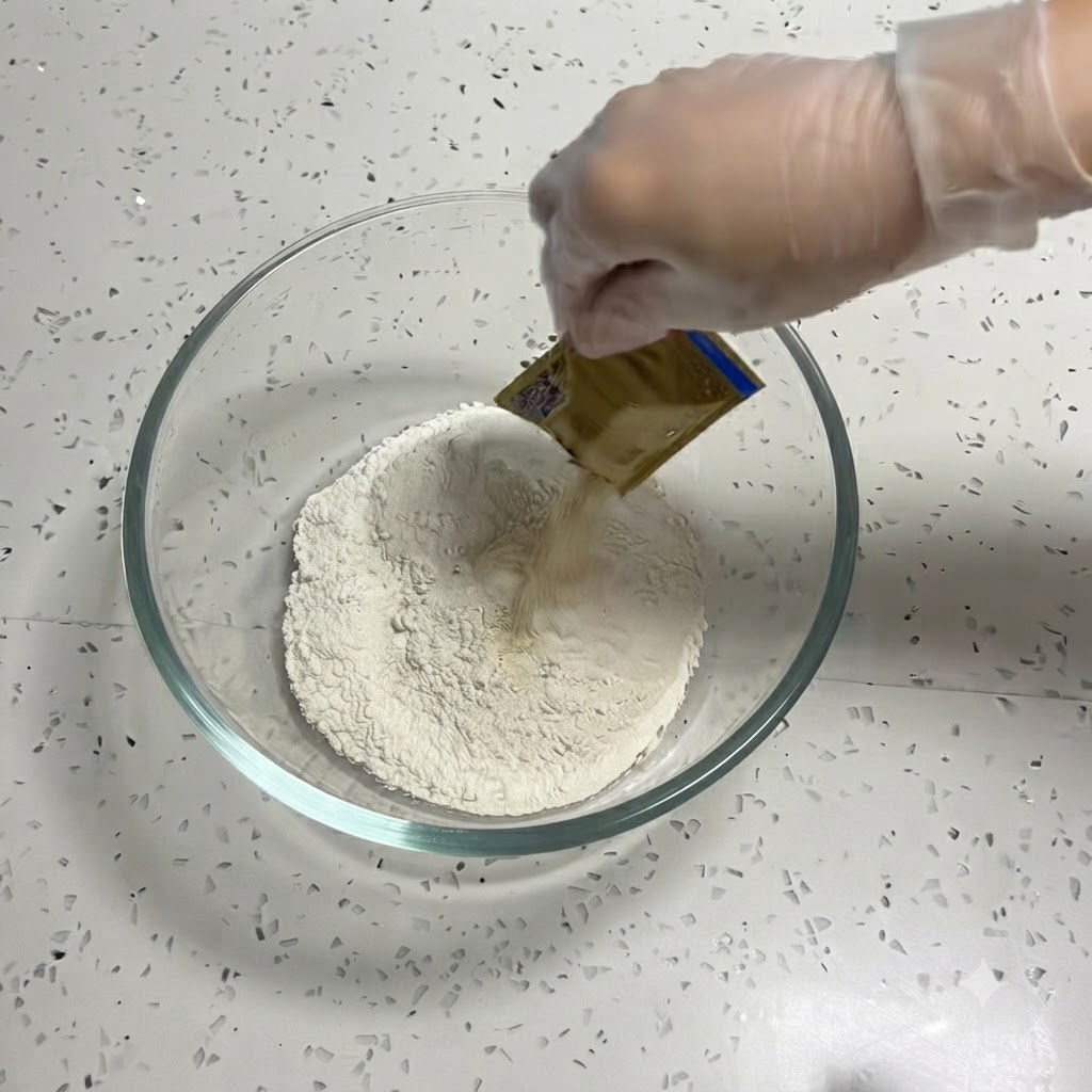 Eine behandschuhte Hand streut Trockenhefe aus einem kleinen Päckchen in eine Schüssel mit Mehl.