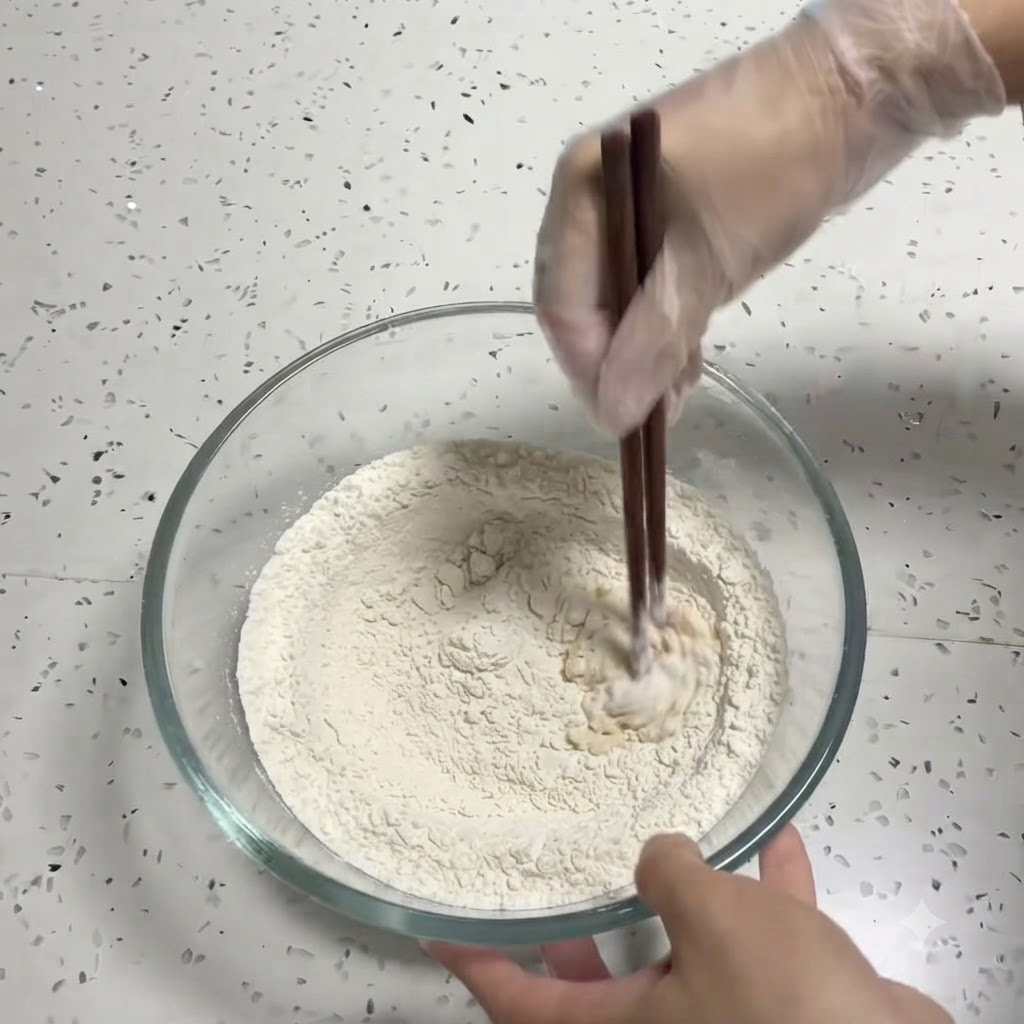 Eine Hand rührt mit Essstäbchen Mehl, Hefe, Zucker und Salz in einer Glasschüssel um.
