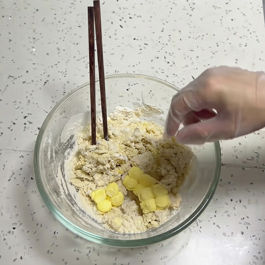 Gelbe Butterstückchen werden auf einen zotteligen, gemischten Teig in einer Glasschüssel gegeben.