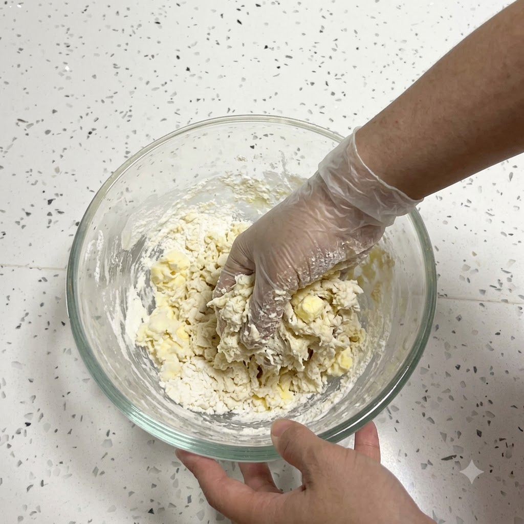 Eine Hand mit Plastikhandschuh knetet klebrigen Teig und Butter in einer Glasschüssel.