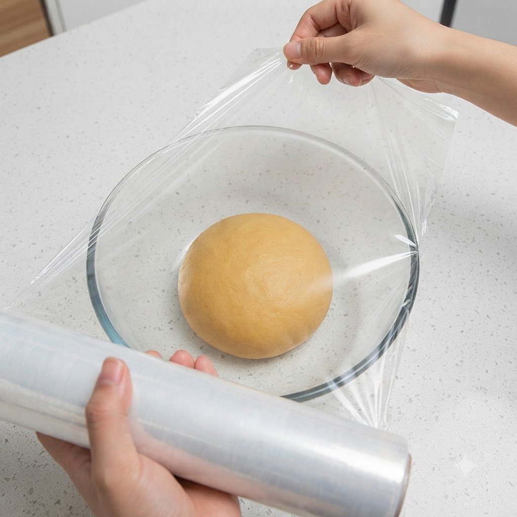 Frischhaltefolie wird über eine Glasschüssel mit einer glatten Teigkugel gespannt.