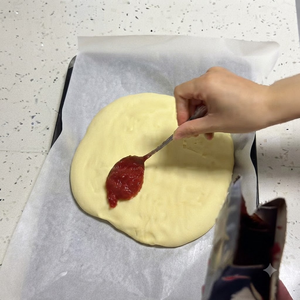 Eine Hand verteilt mit einem Löffel rote Pizzasauce auf einem vorgebackenen Pizzaboden.