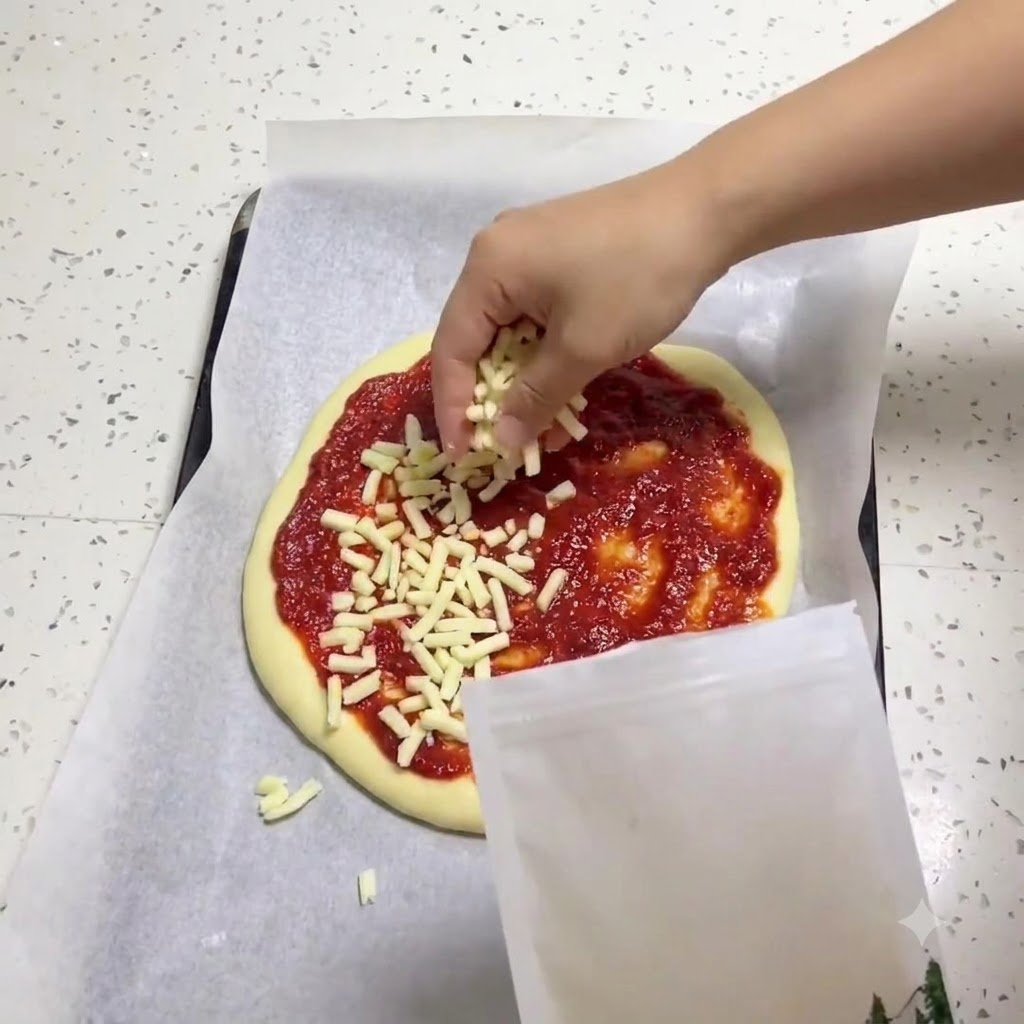 Eine Hand streut geriebenen Mozzarella aus einem Beutel auf einen mit roter Sauce bestrichenen Pizzaboden.