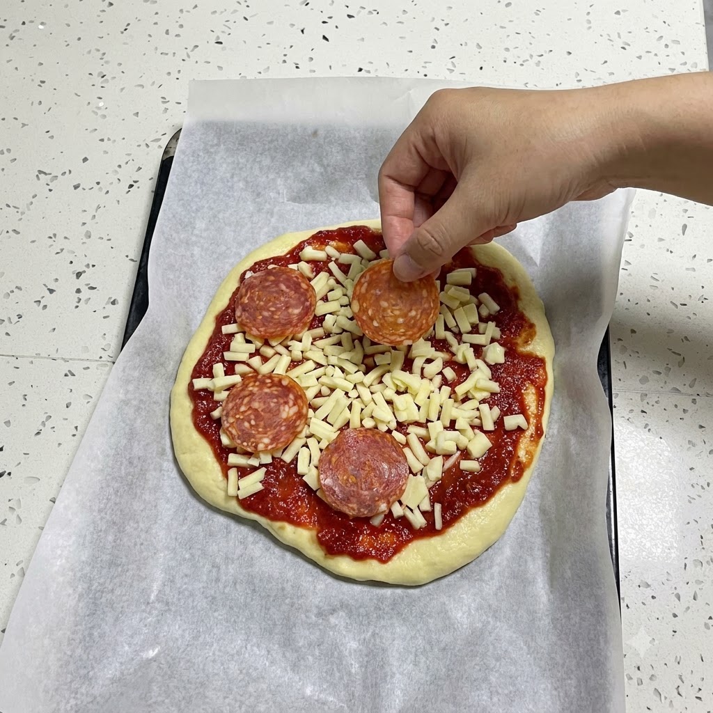 Eine Hand legt runde Salamischeiben auf eine ungebackene Pizza, die mit Sauce und Käse belegt ist.