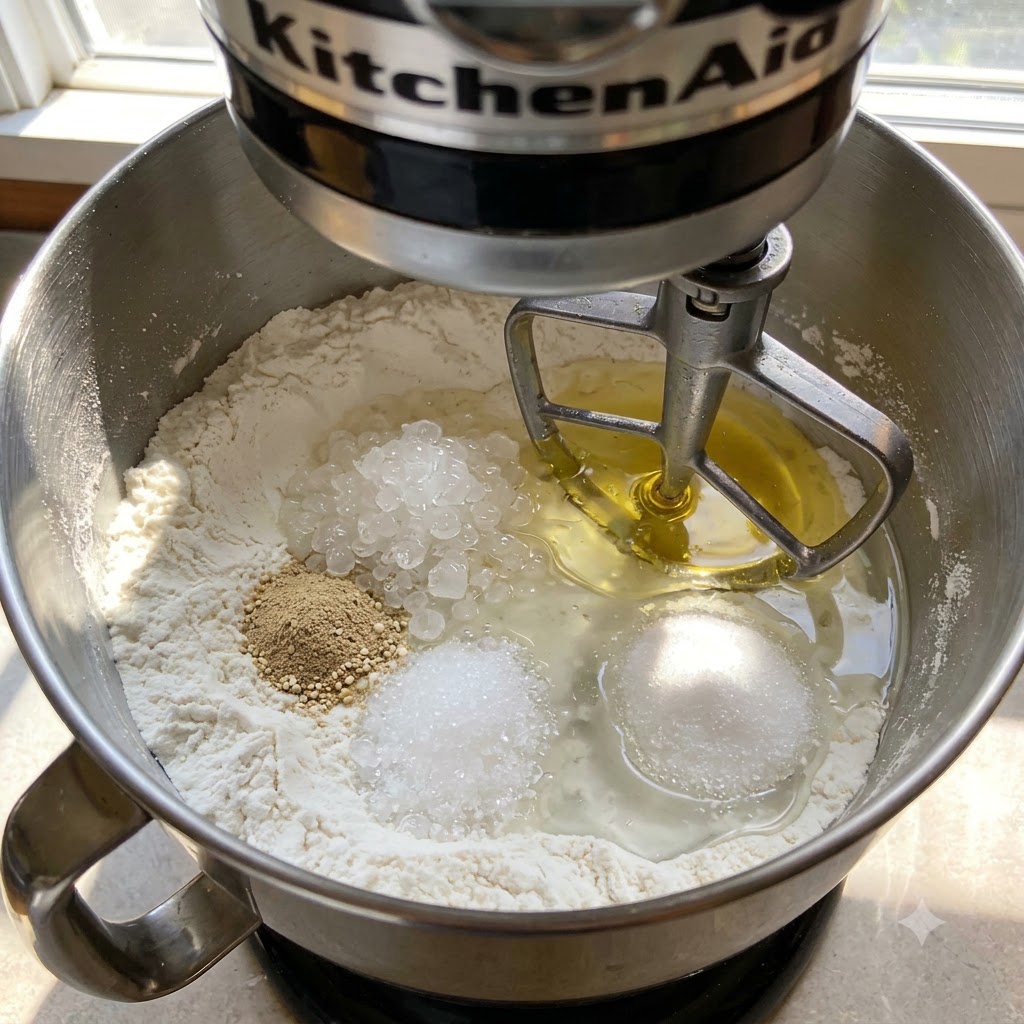 Mehl, Hefe, Zucker, Salz, Wasser und Olivenöl in einer Küchenmaschinenschüssel bereit zum Kneten.