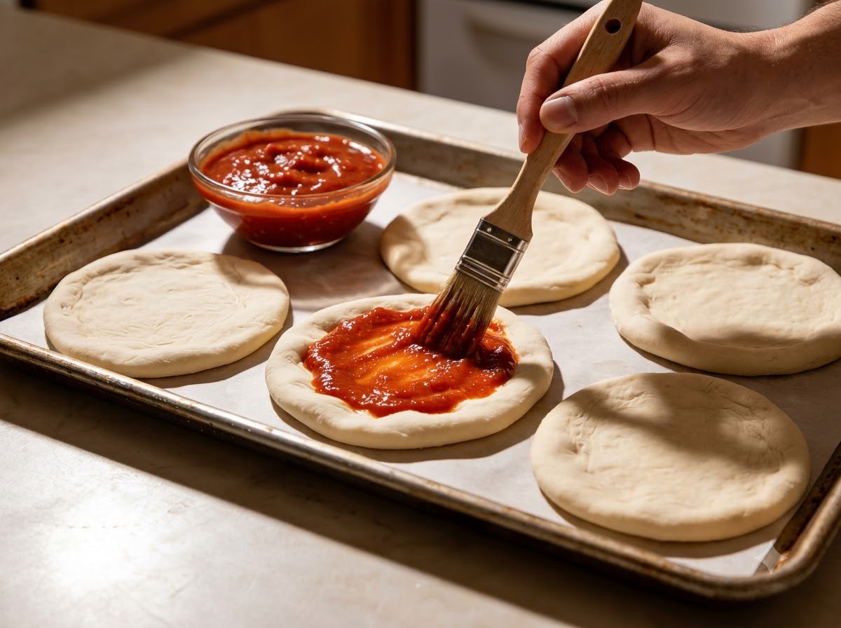Ausgerollte Pizzateiglinge auf einem Backblech, die mit rotem Tomatenmark bestrichen werden.