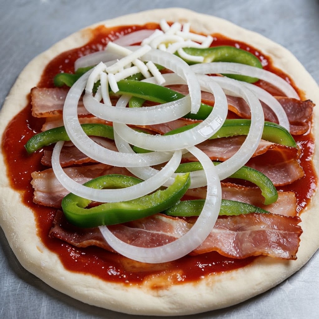 Ein Pizzaboden belegt mit Tomatensoße, Speck, Zwiebelscheiben, grüner Paprika und Mozzarella-Käse.