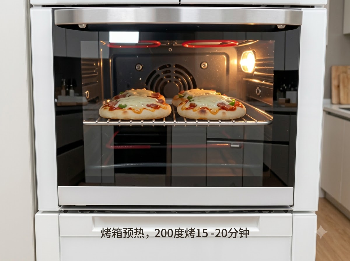 Zwei kleine Pias, die in einem heißen, vorgeheizten Ofen mit sichtbaren Heizelementen backen.