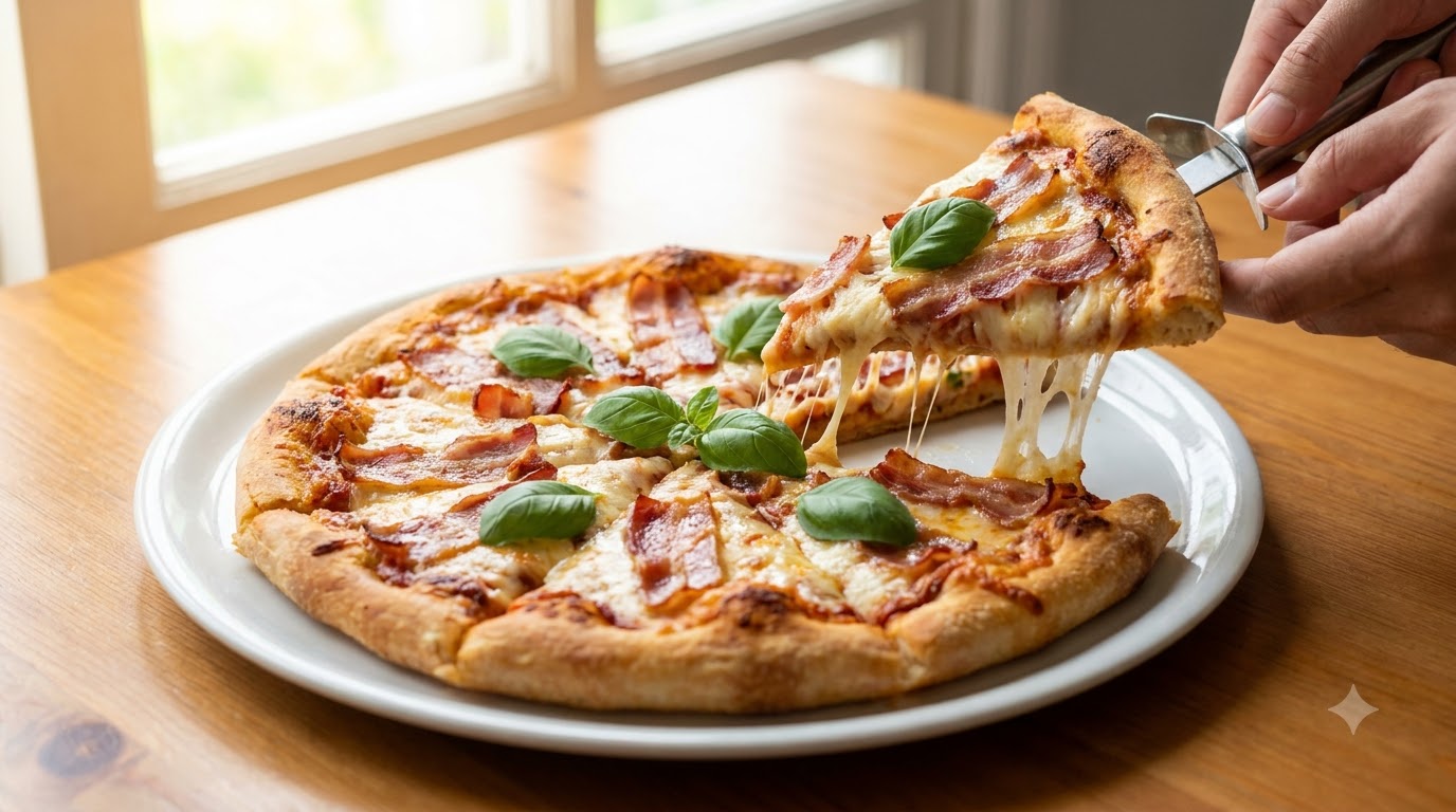 Hausgemachte knusprige Speck-Käse-Pizza