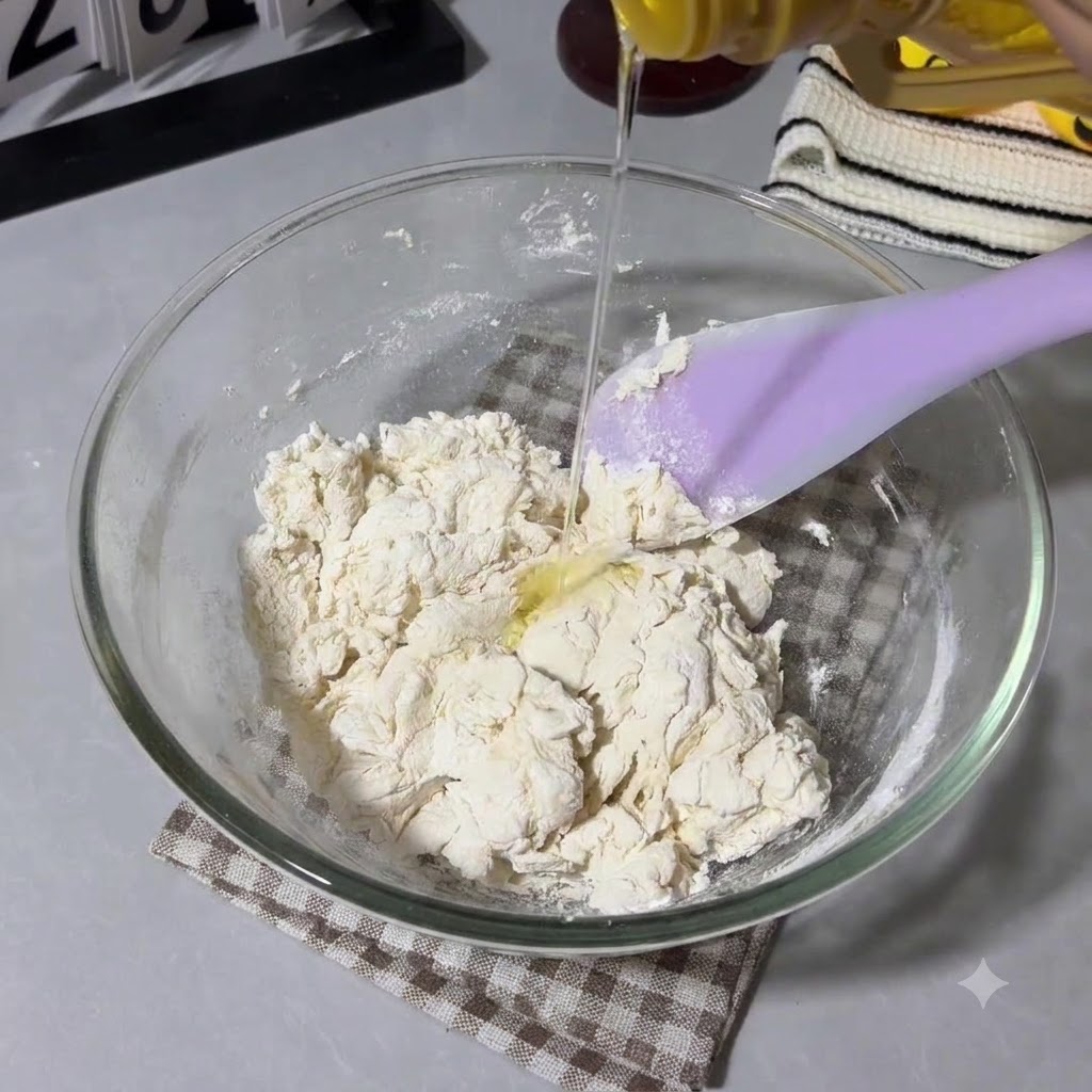 Maisöl wird aus einer Flasche auf den Teig in der Glasschüssel neben einem Spatel gegossen.