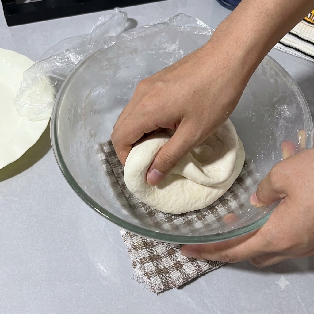 Hände werden mit Wasser besprüht, während sie den mit Frischhaltefolie abgedeckten Teig in der Schüssel falten.