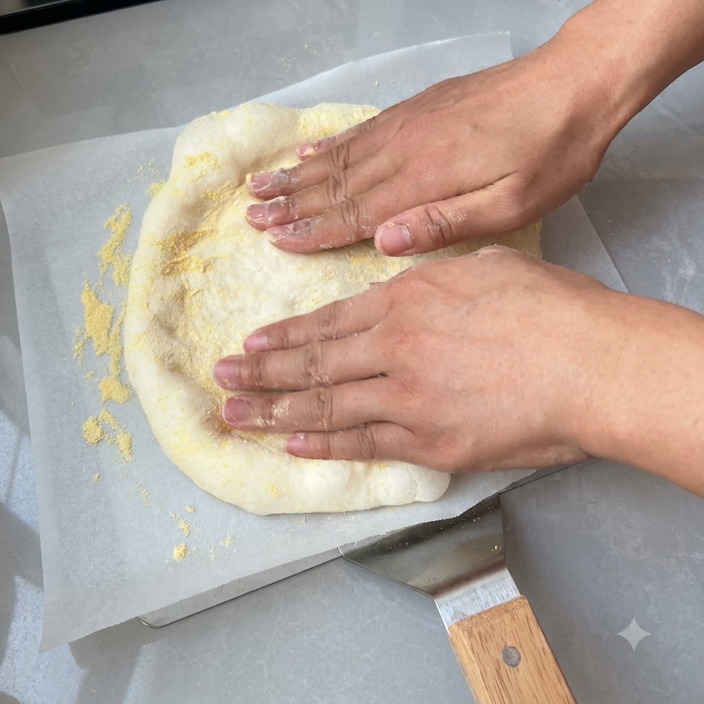 Hände drücken und dehnen Pizzateig auf mit Maisgrieß bestreutem Backpapier in eine runde Form.