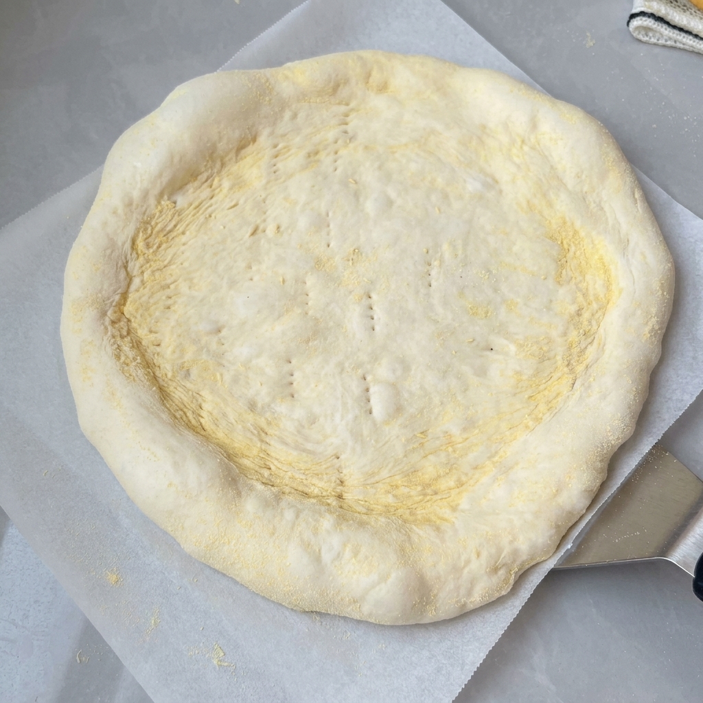 Flacher Pizzateig auf Backpapier mit kleinen, gleichmäßig eingestochenen Gabelöffnungen auf der Oberfläche.