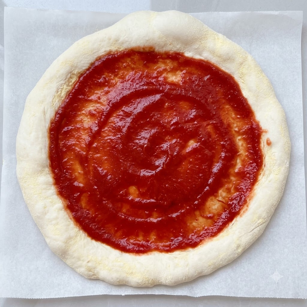 Rote Tomatensoße wird in einer kreisförmigen Spirale über der Mitte des rohen Pizzateigs verteilt.