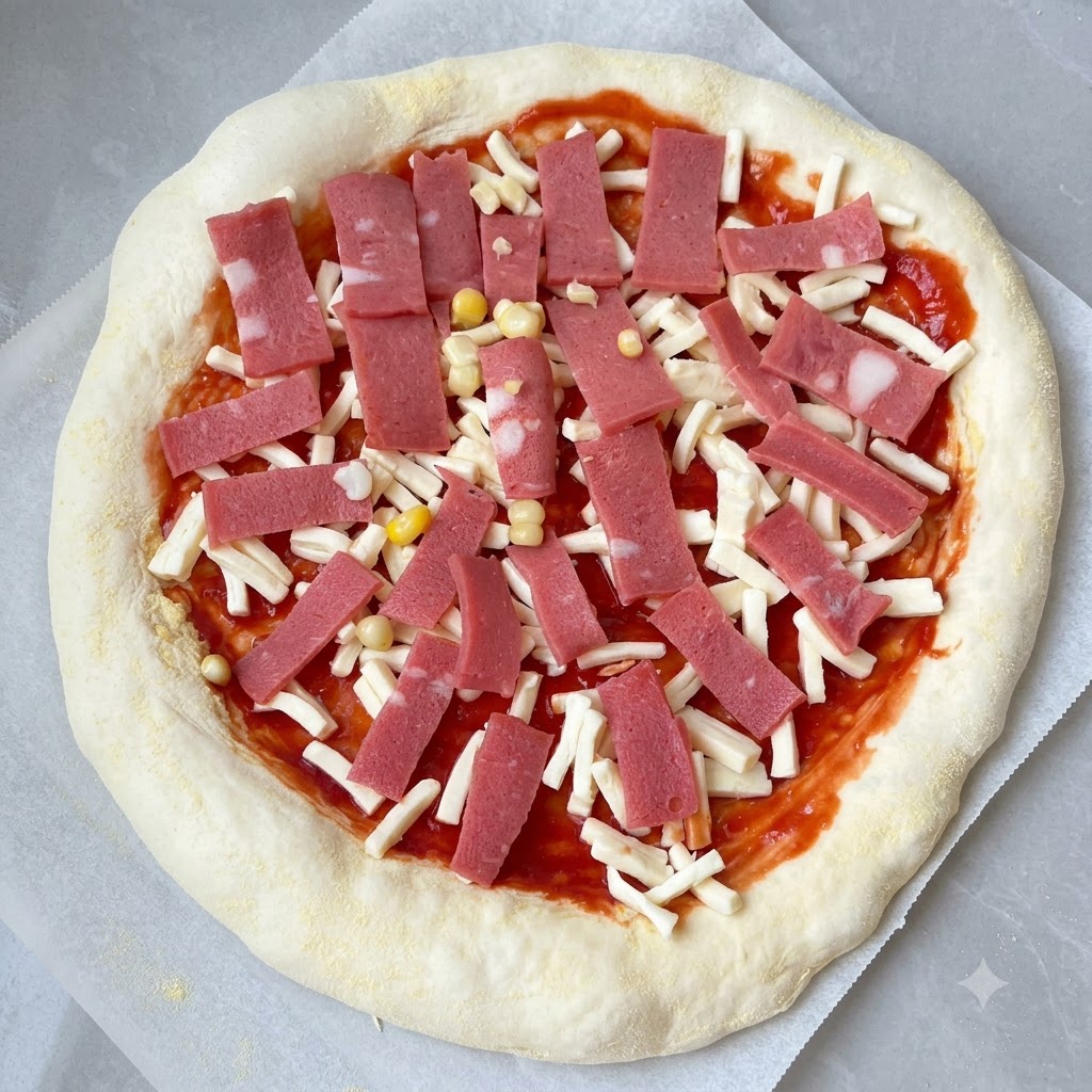 Roher Pizzateig belegt mit Tomatensoße, geriebenem Käse, Speckwürfeln und Maiskörnern.
