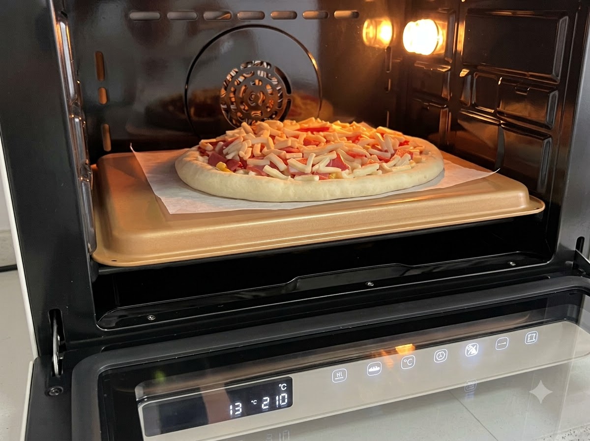 Vollständig belegte rohe Pizza auf einem goldenen Backblech in einem vorgeheizten, beleuchteten Ofen.