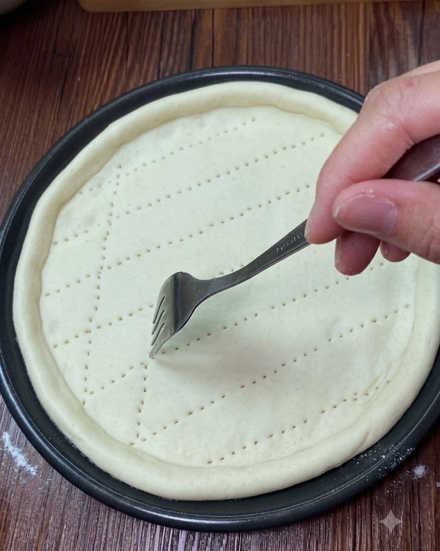 Eine Gabel oder ein Löffel verteilt Soße auf der eingestochenen Pizzateigoberfläche.