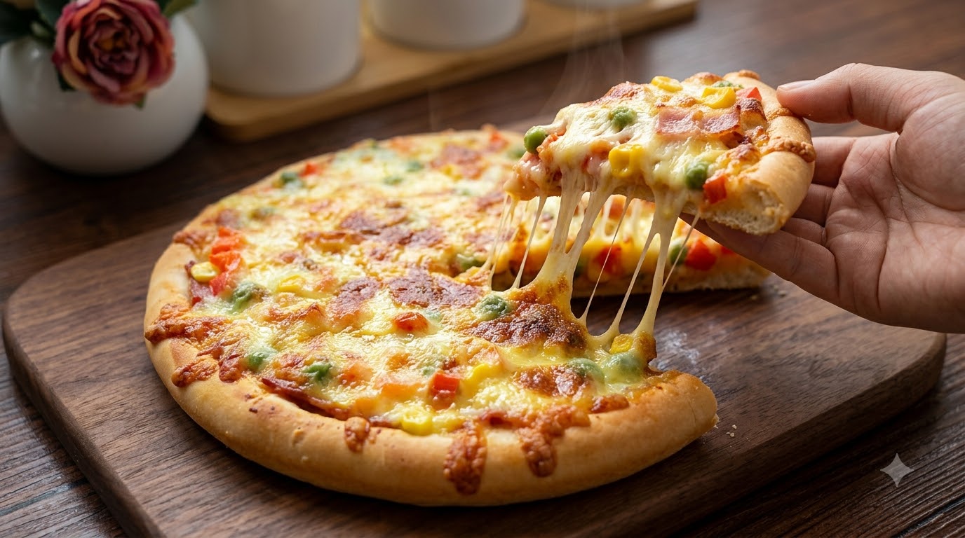 Hausgemachte Pizza mit Speck und süßem Mais