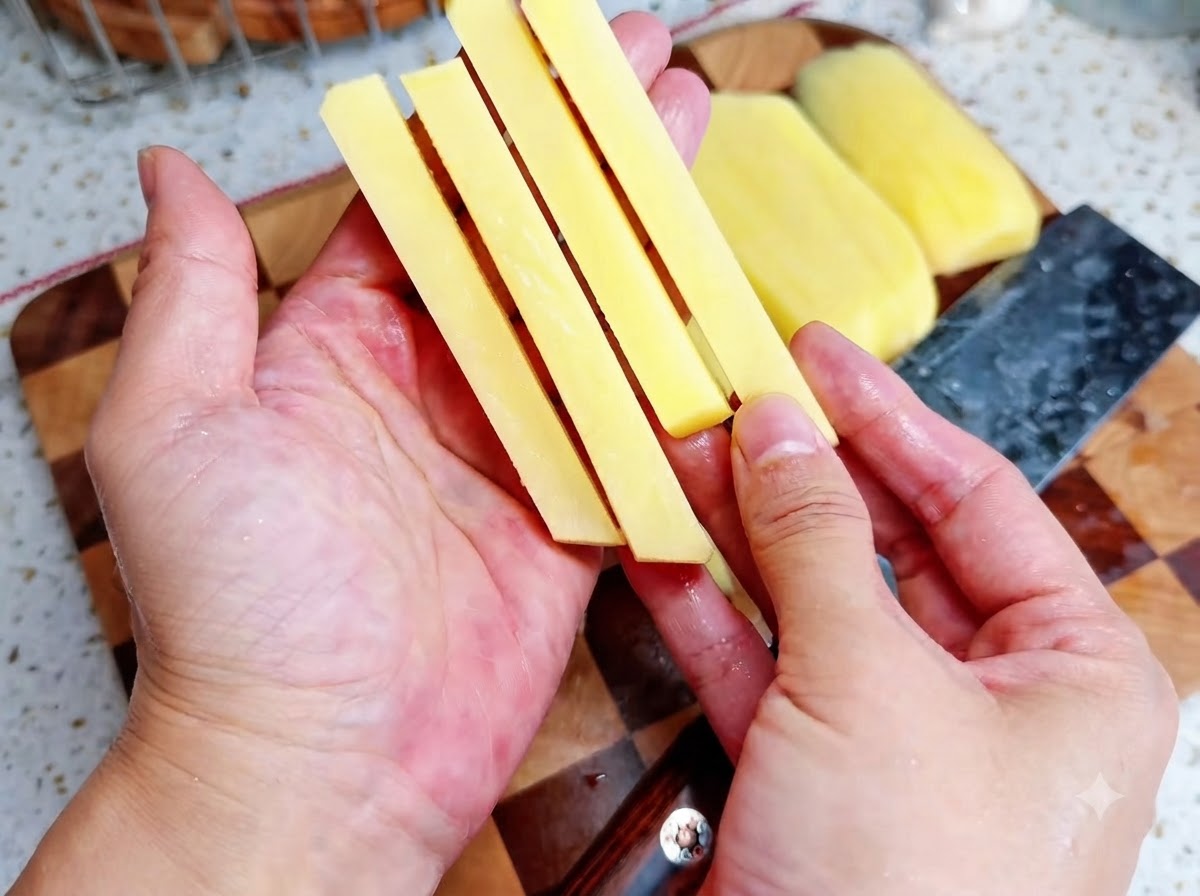 Hände beim vorsichtigen Wickeln eines Streifens rohen Specks um einen gelben Kartoffelstab auf einem Holzbrett.