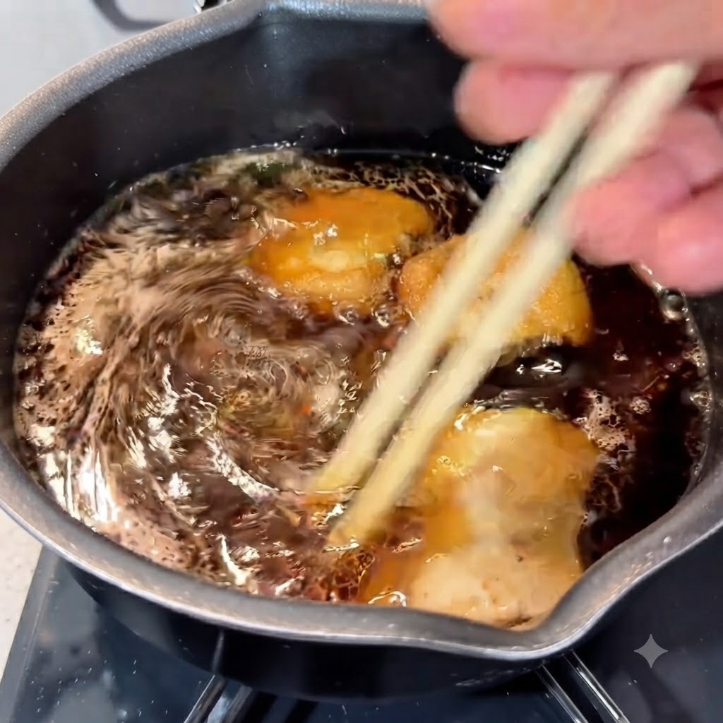 Gekochte Ramen-Nudeln und Schweinebauch werden mit Holzesstäbchen in die köchelnde Suppenbrühe eingerührt.
