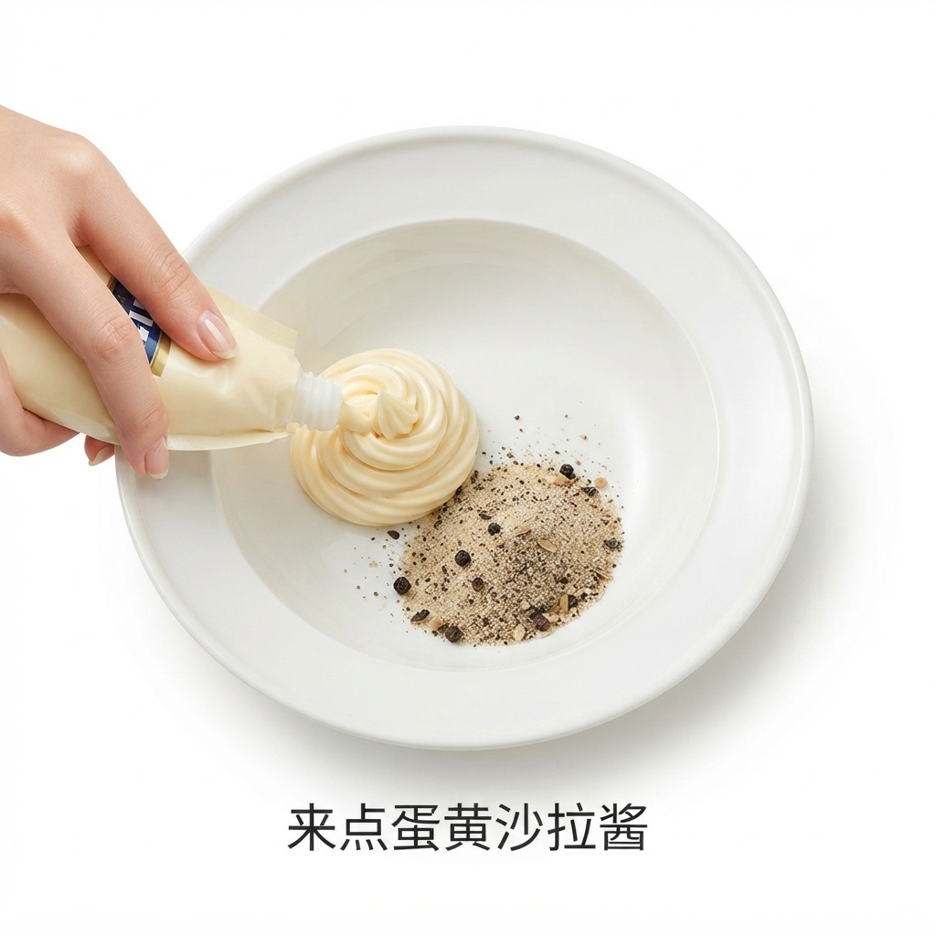 Ein Schwall weiße Mayonnaise wird aus einer Tube neben das Gewürzpulver in eine weiße Schüssel gedrückt.