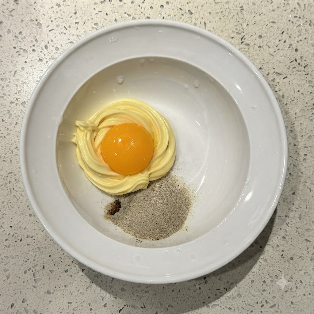 Ein leuchtend gelbes Eigelb liegt auf einer Spirale aus Mayonnaise und Gewürzpulver in einer weißen Schüssel.