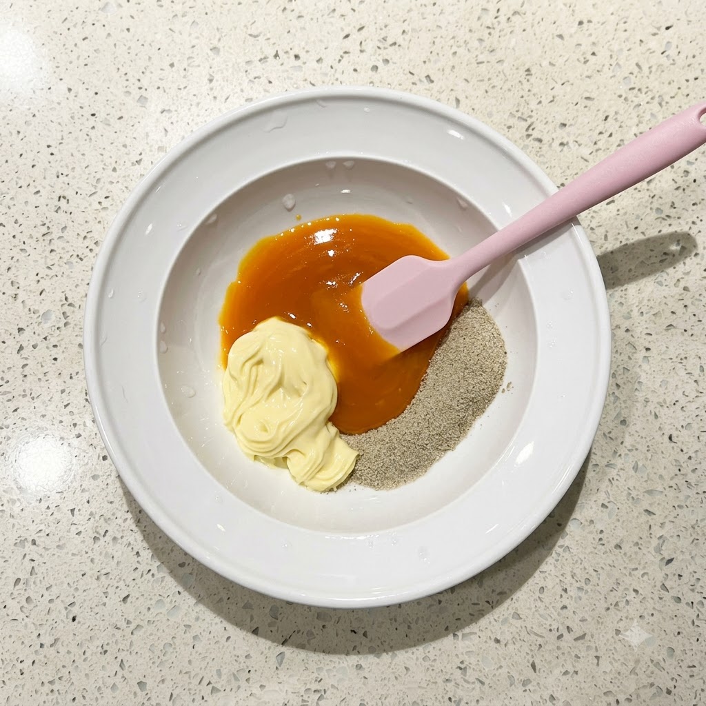 Ein rosa Silikonspatel vermischt Gewürz, Mayonnaise und Eigelb in einer weißen Schüssel zu einer glatten, orangen Sauce.