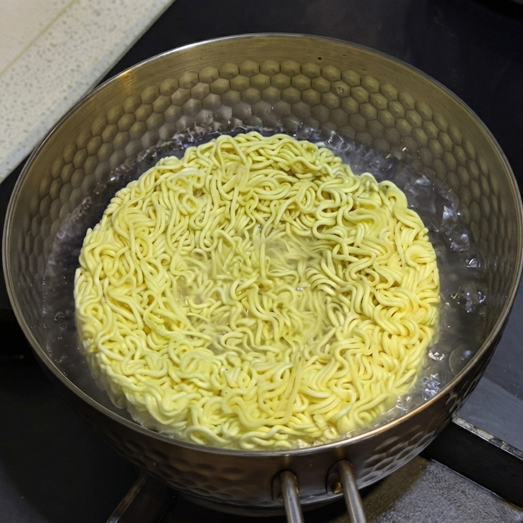 Ein Block gelber Instant-Ramen kocht in sprudelndem Wasser in einem gemusterten Metalltopf auf dem Herd.