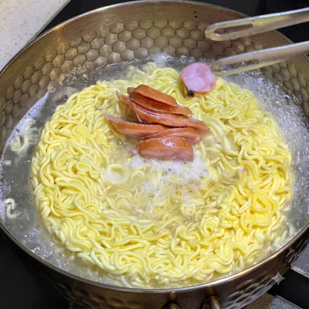 In Scheiben geschnittene Würstchen und ein Stück Fischkuchen werden mit einer Metallzange in einen Topf mit kochenden Instant-Ramen-Nudeln gegeben.