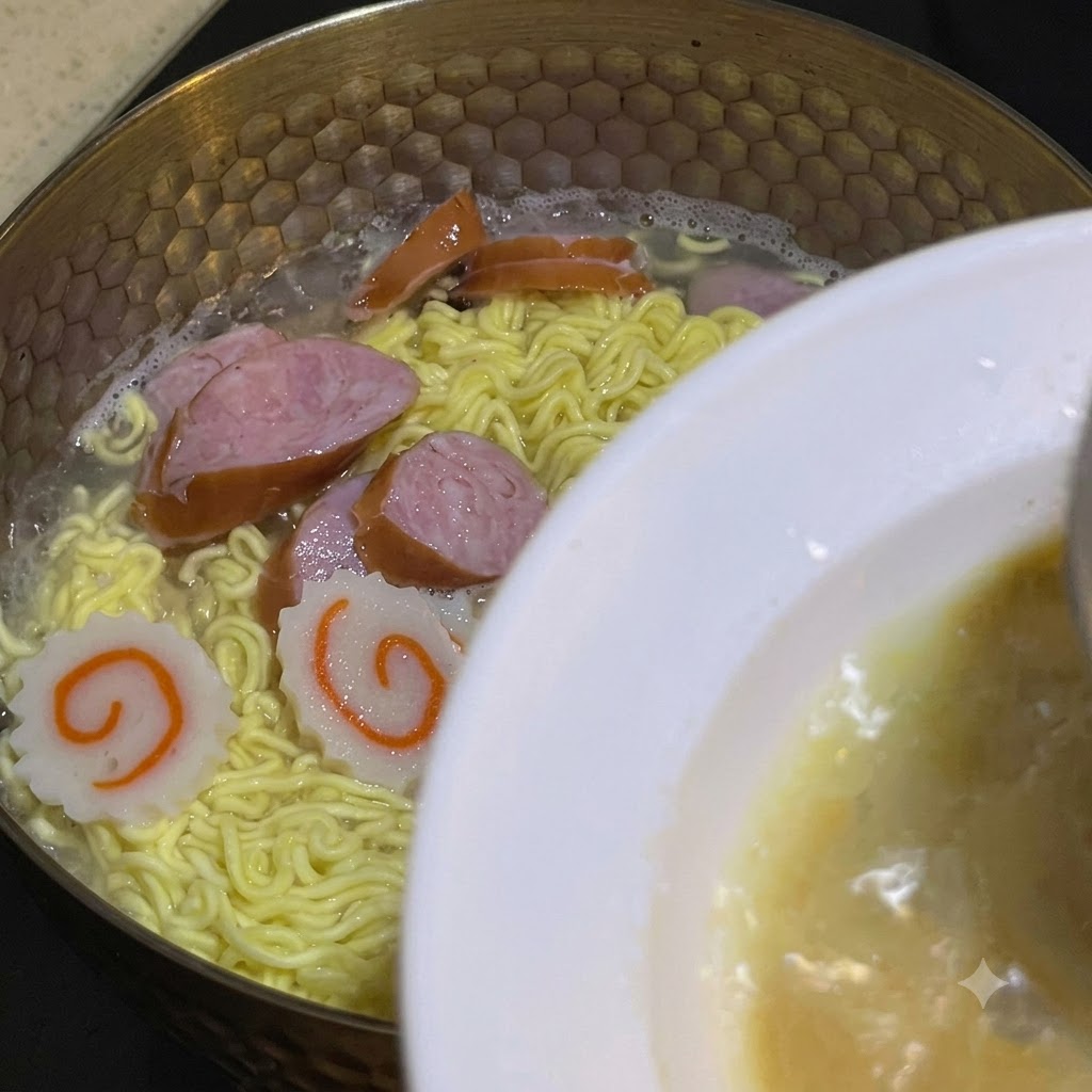 Eine Schöpfkelle schöpft heiße Brühe aus dem Kochtopf in Richtung einer weißen Schüssel mit Sauce.