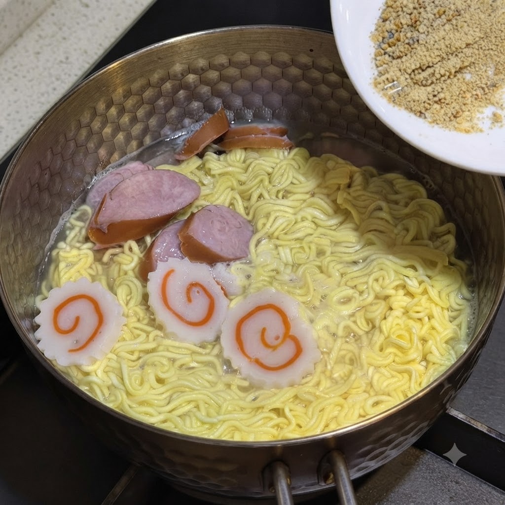 Gewürze und gemischte Sauce werden von einem weißen Teller in den kochenden Nudeltopf gegossen.