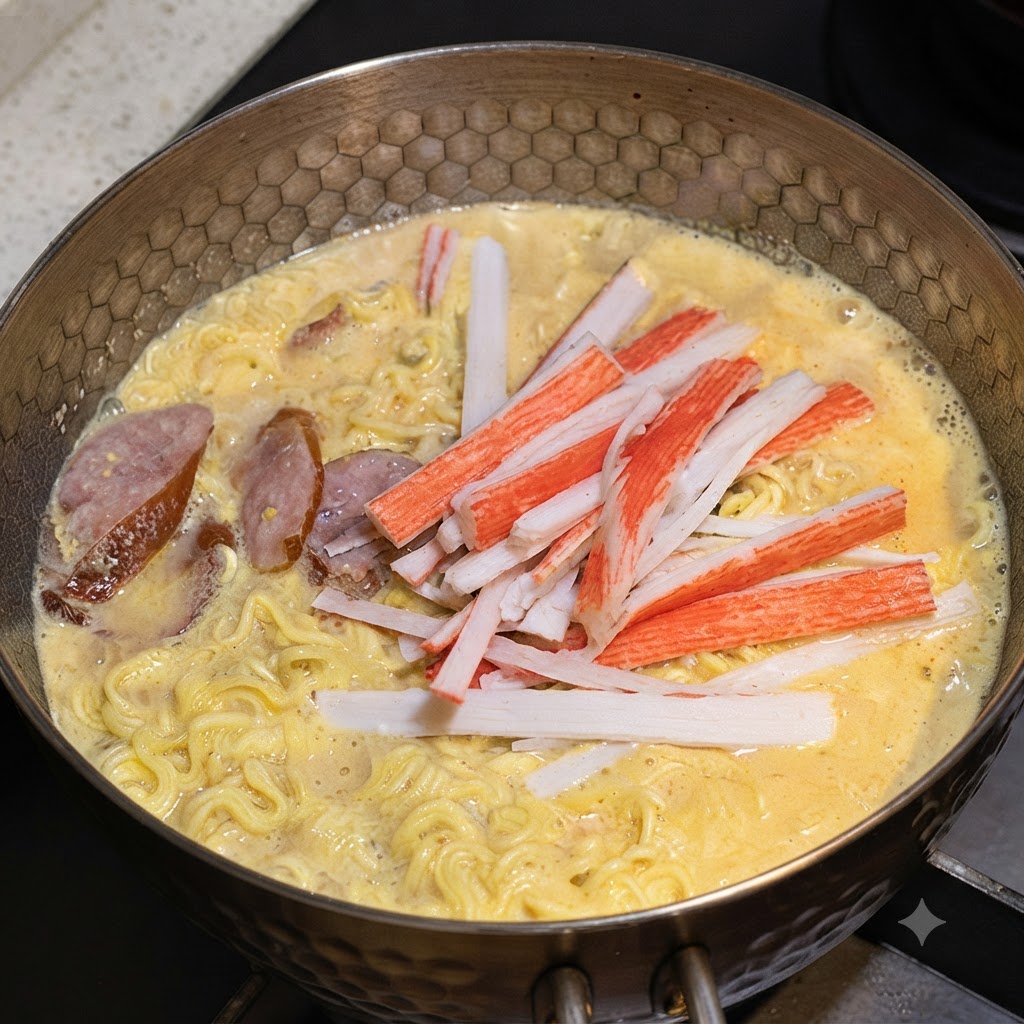 Zerkleinerte Surimi-Stäbchen liegen auf den köchelnden Nudeln im Topf.