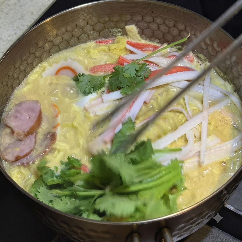Frischer Koriander wird kurz vor dem Servieren mit einer Zange auf die gekochten Ramen-Nudeln gegeben.