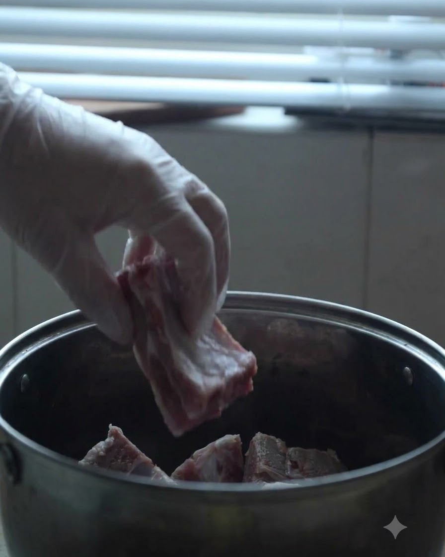 Schweinefüße und Beinknochen werden in einen großen Metalltopf gegeben.