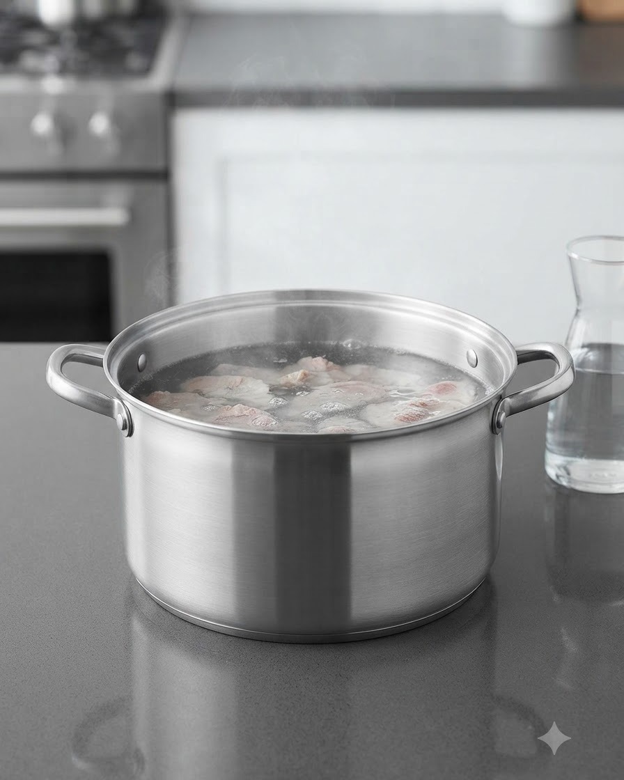 Filtriertes Wasser wird in einen großen Suppentopf voller Schweineknochen gegossen.