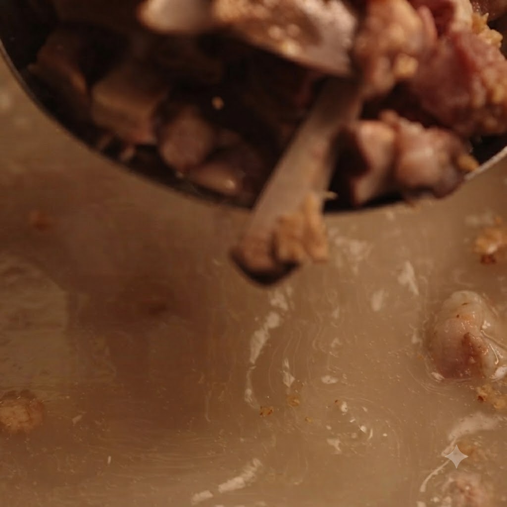 Gekochte Schweineknochen werden mit Kochutensilien aus der Brühe gehoben.