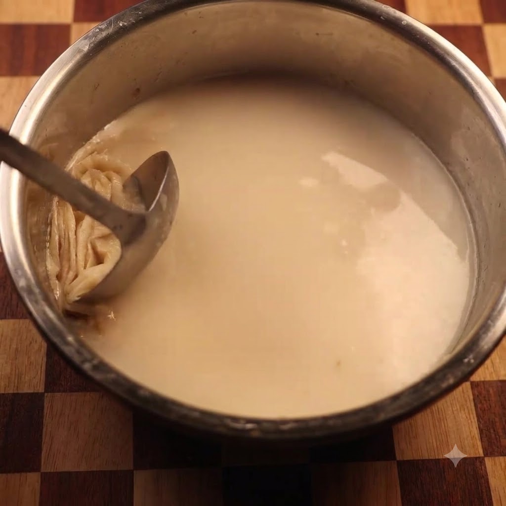 Eine Kelle schöpft eine dünne Ölschicht von der Oberseite einer milchig-weißen Schweineknochensuppe in einem Metalltopf ab.